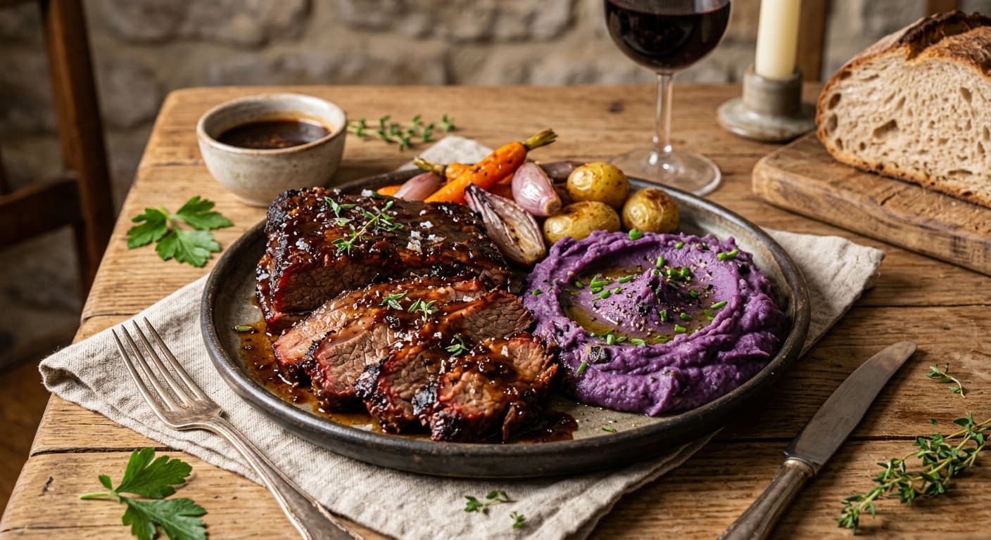 Üzüm Pekmezli Fırın Brisket, Siyah Sarımsaklı Mor Tatlı Patates Püresi