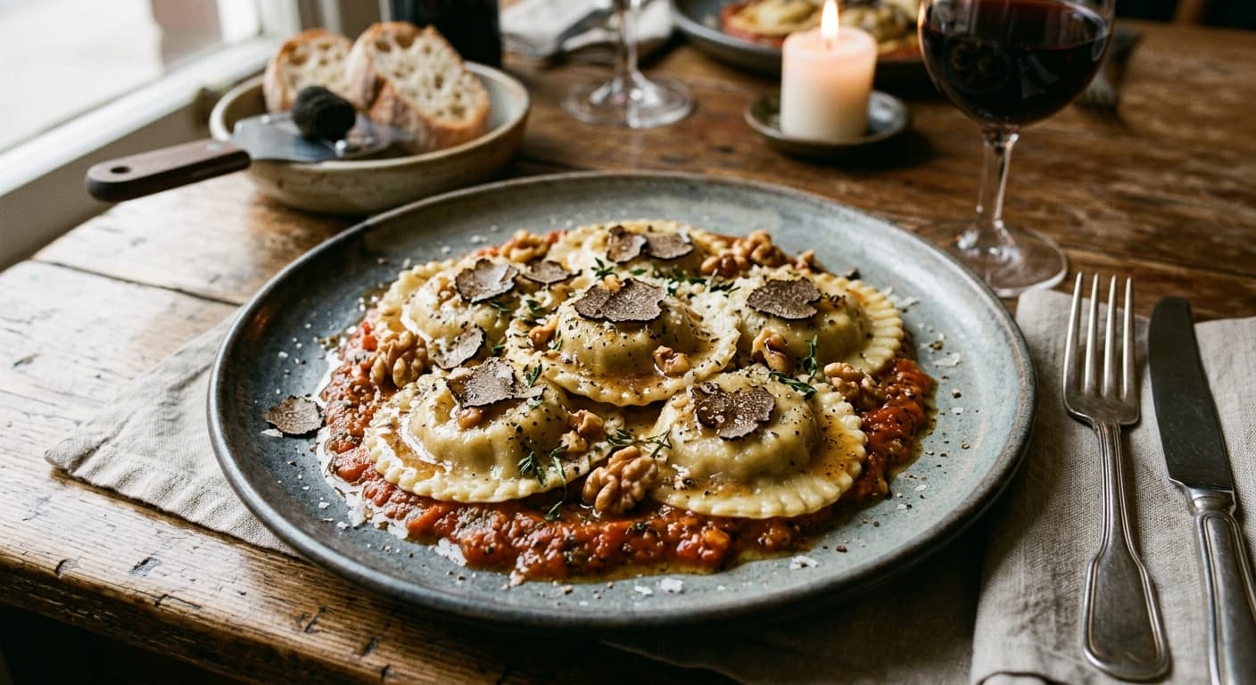 Köz Patlıcanlı Ravioli, Kahverengi Tereyağı, Ceviz ve Siyah Trüf